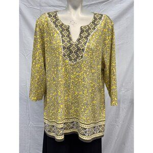 Karen Scott Womens Yellow Paisley V-Neck Tunic Blouse Plus‎ Size 2X Summer Boho